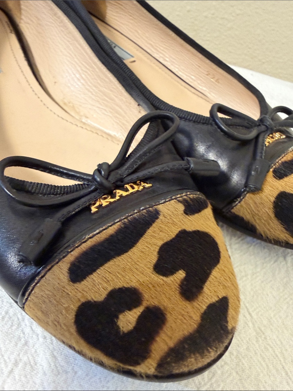 Prada Cavallino Leopard Trim Round Cap Toe Ballerina Flat Sz 37 US 6.5 - Picture 5 of 12